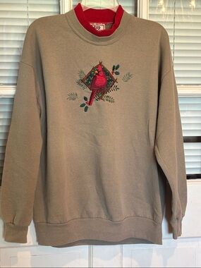 Top Stitch Women's Taupe Crewneck Sweatshirt with Red Cardinal Embroidery